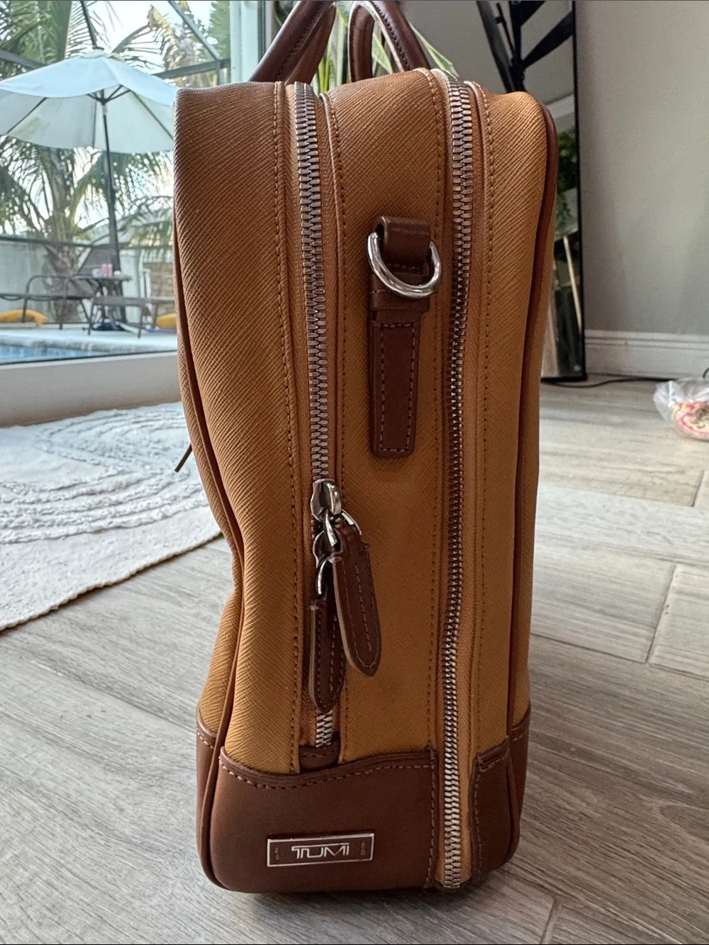 Tumi Two-Tone Tan and Brown Leather-Trim Satchel or laptop bag